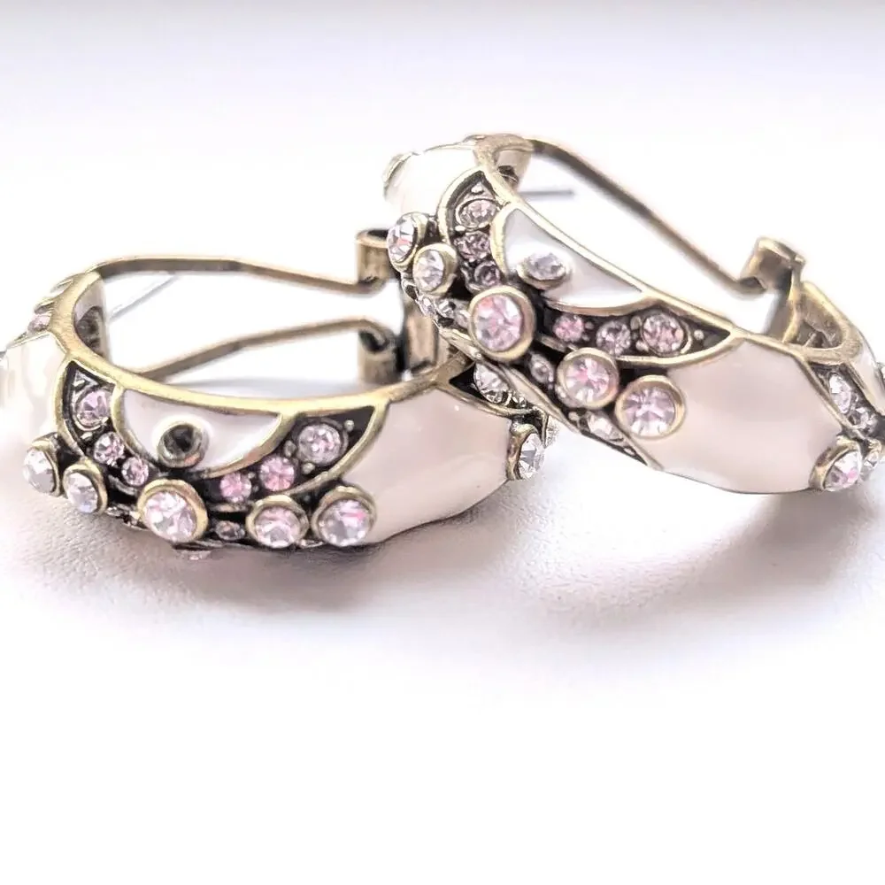 Heidi Daus Clear Crystal Rhinestone White Enamel Gold Tone Hoop Earrings